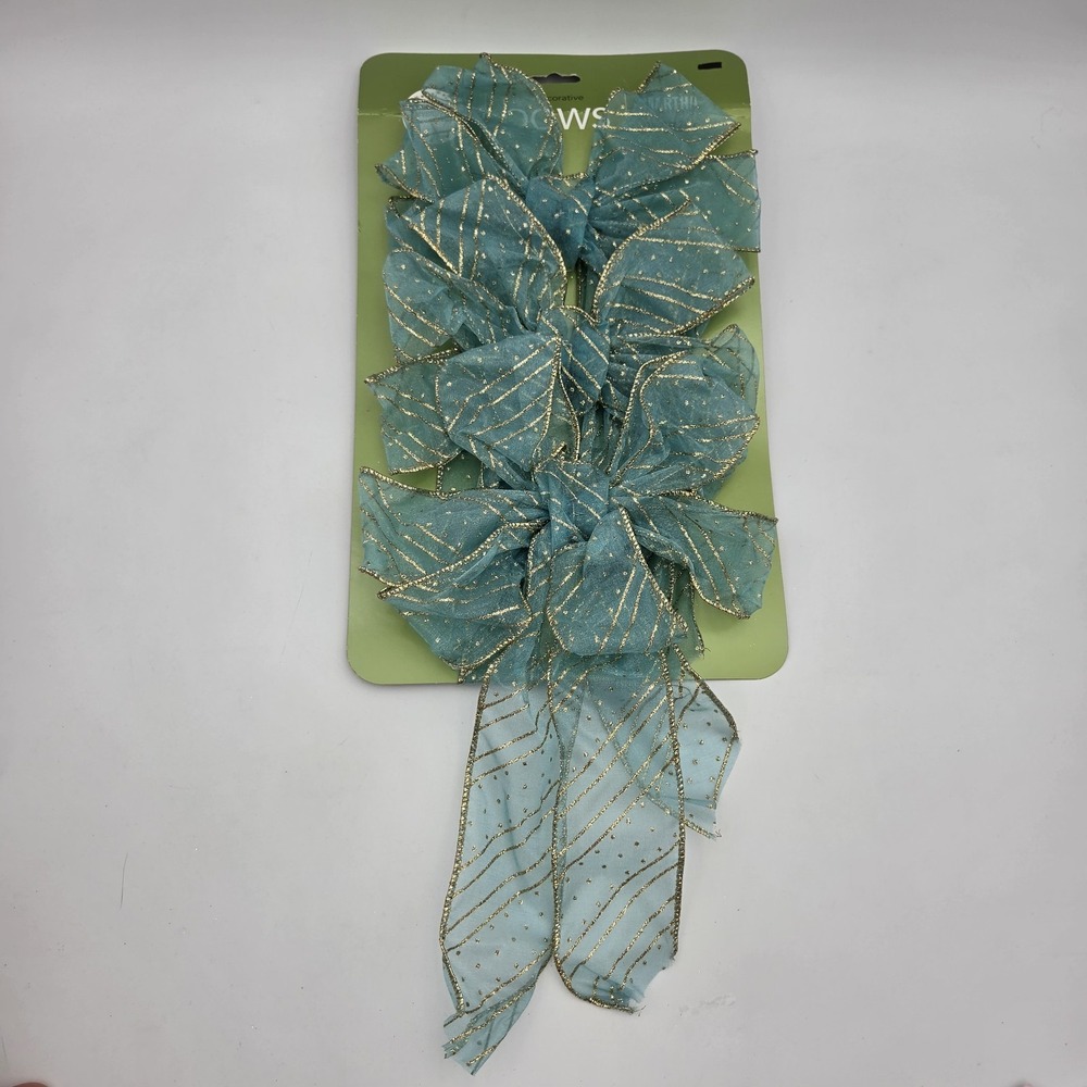 Vintage Martha Stewart 3 Evergreen Frost Bows Wired Light Blue & Gold Metallic